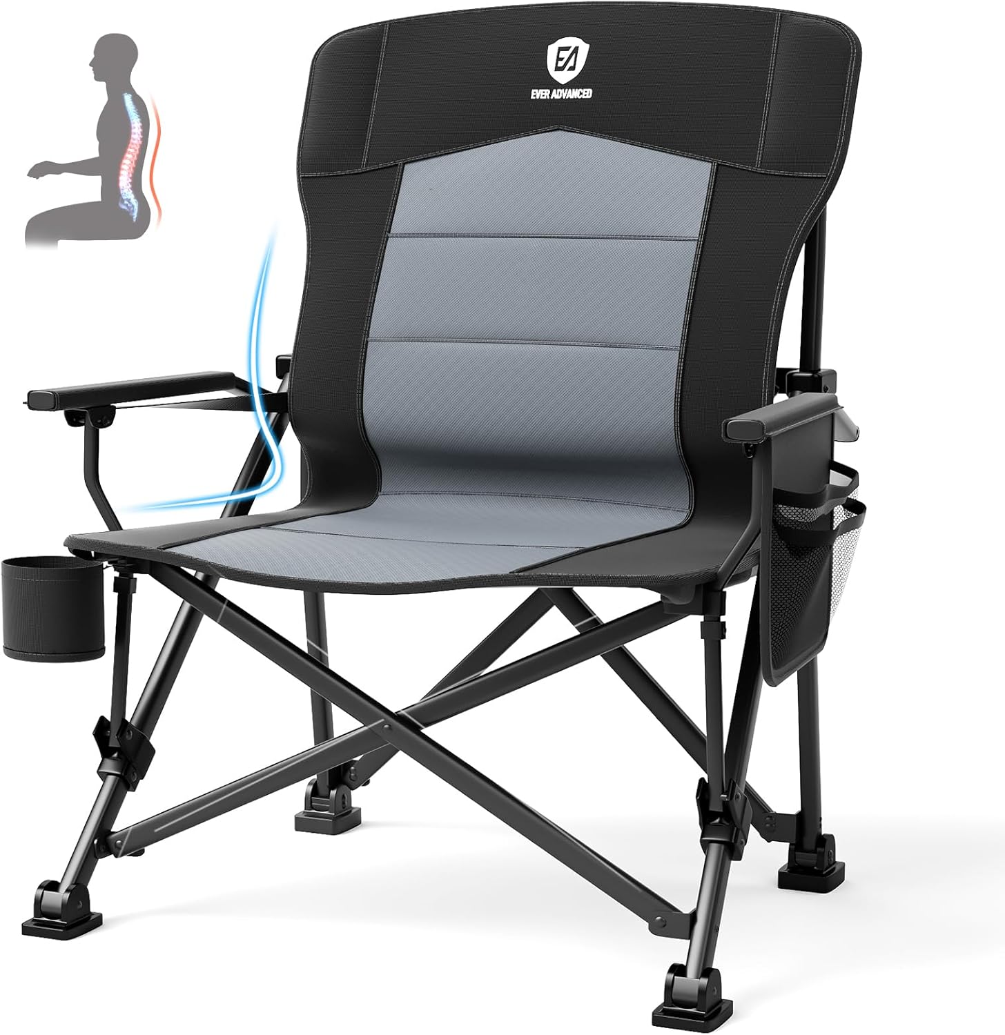 Camping Quad - 頑丈な特大サイズの四つ折りキャンプチェア（大人用）、調節可能な腰サポートとサイドポケット付き、持ち運び可能な折りたたみ式