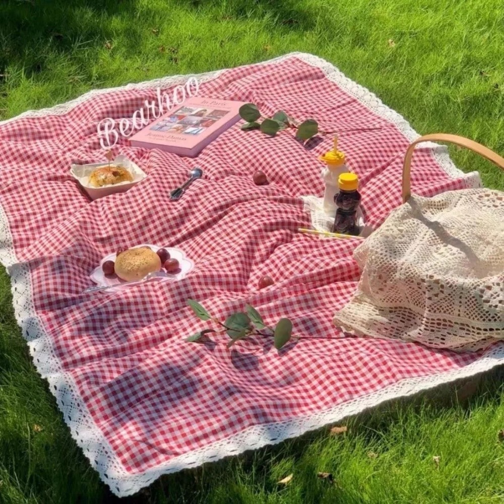 Outdoor Camping Mat Waterproof - 1pc 屋外ピクニックマット、夏用厚手防水ビーチブランケット、レースレッドチェック柄キャンプマット、テーブルクロスマット