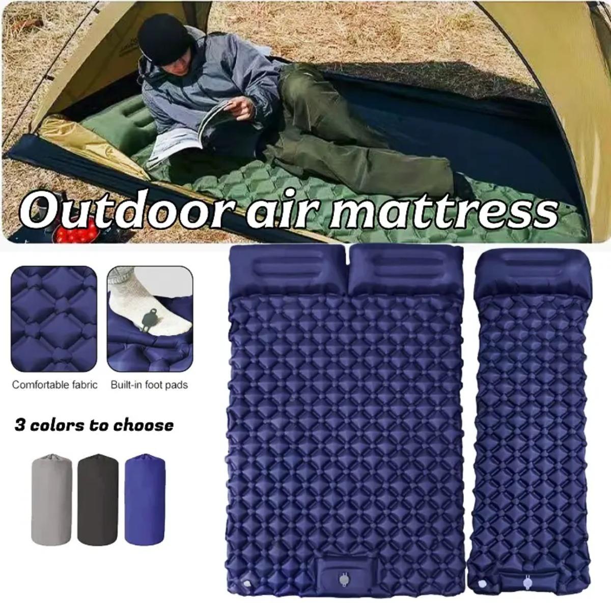 Outdoor Camping Rug - シングル＆ダブルインフレータブルエアマットレス、折りたたみ式キャンプ用スリーピングパッド（枕付き）、防湿、防水、軽量アウトドアスリーピングマット、キャンプ、旅行、ハイキングに最適