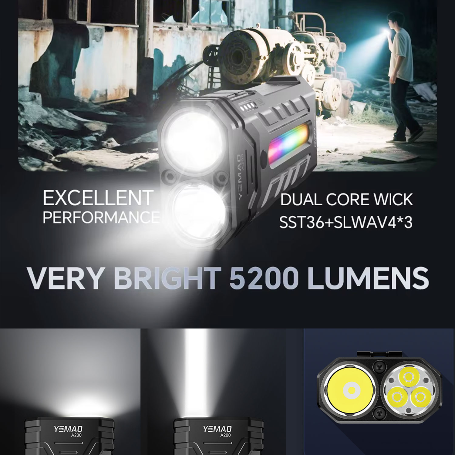 5200LM革新的な多機能ポータブルRGB LED懐中電灯、 - Outdoor Camping Items のレビューと価格